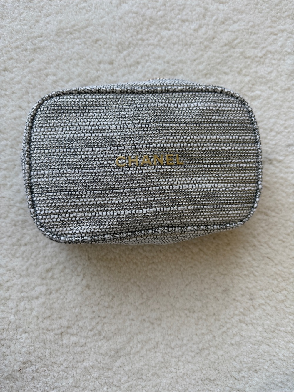 CHANEL Silver Metallic Quilted Cosmetic Case with Gold Logo